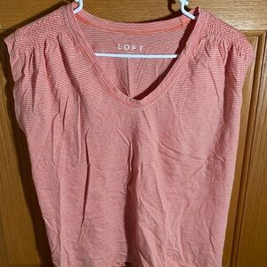 LOFT Red and White Striped V-Neck Tee